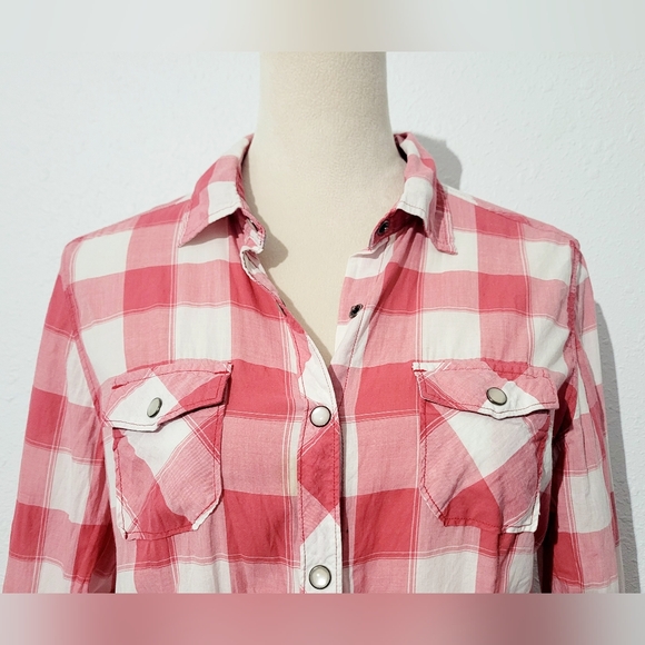 North River Women’s Pearl Snap Western Shirt Medium Pink White Plaid 100% Cotton - Picture 3 of 13
